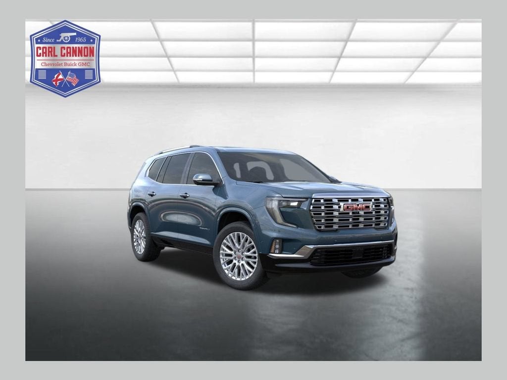 2026 GMC Acadia Denali in Downpour Metallic — front three-quarter view